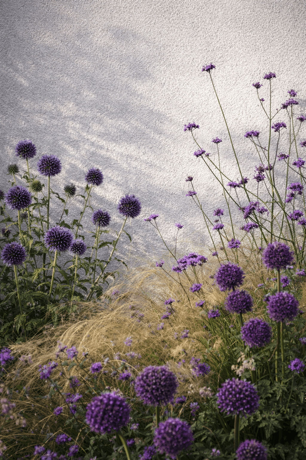 Prairiebeplanting met paarse en gele bloemen in natuurlijke, losse compositie.