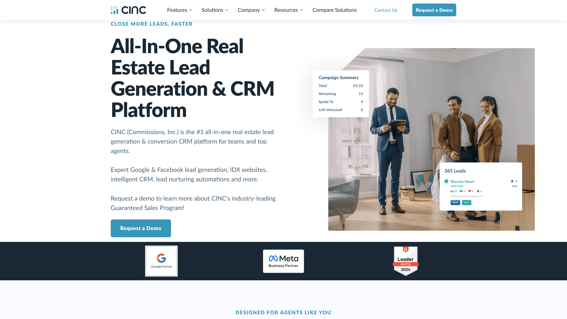 Screenshot of CINC homepage — Real Estate Technology, AI Sales Automation, CRM & Pipeline Management, Lead Generation tool comparison