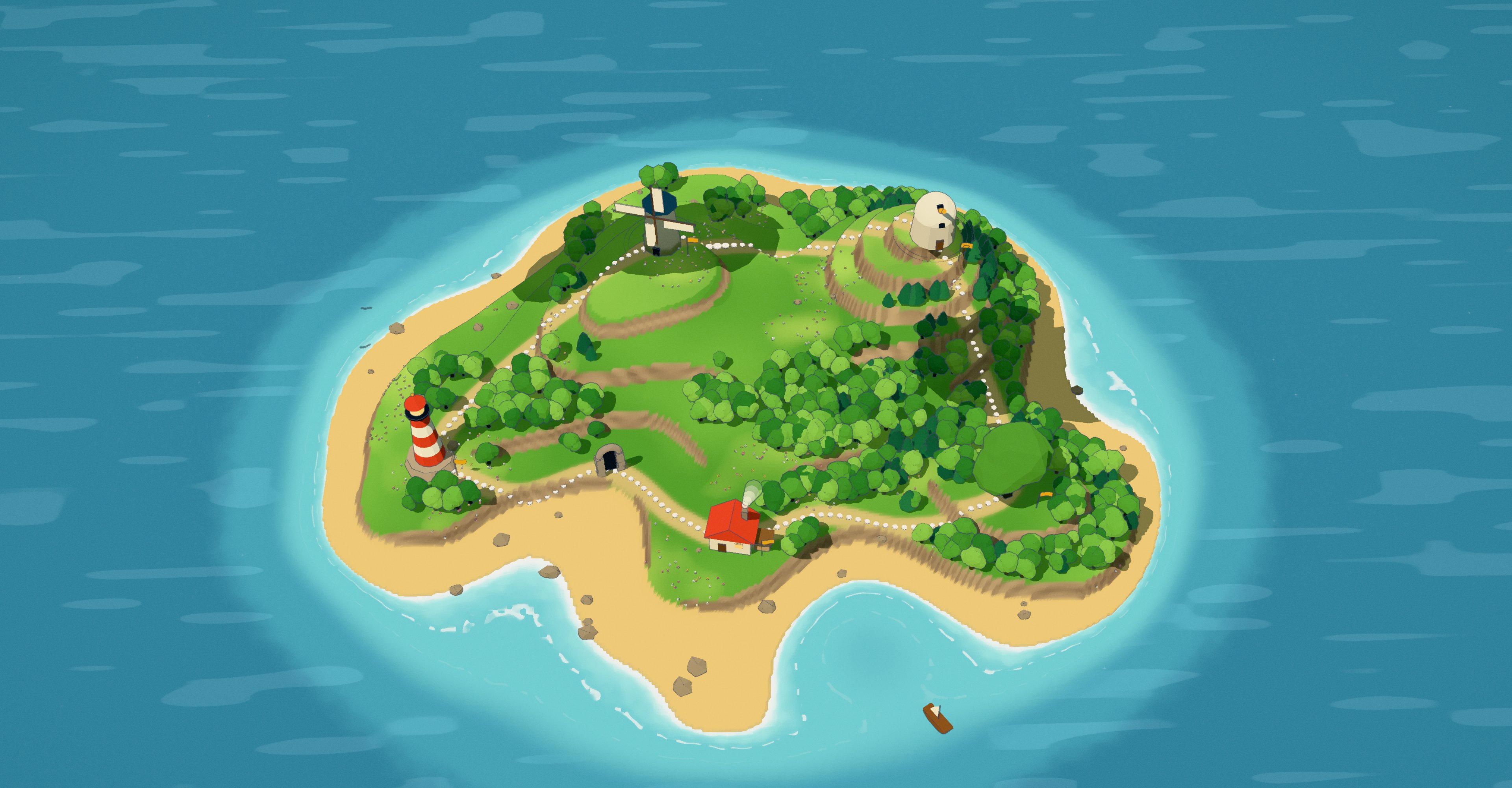 An illustrated island map with five regions: a lighthouse coast, a windmill highland, an observatory peak, an old wood and a workshop by the bay.
