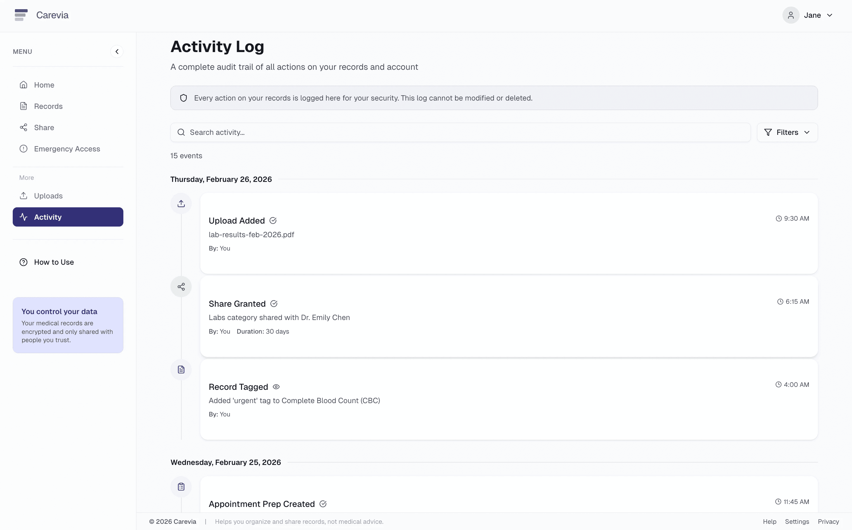 Activity log