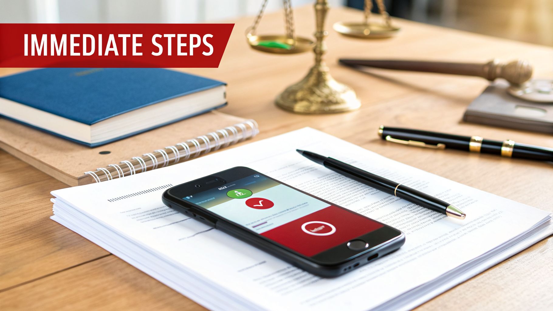 A legal desk with scales of justice, gavel, papers, and a phone showing “IMMEDIATE STEPS”.