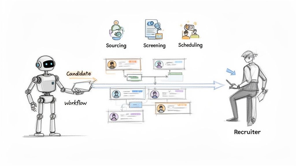 AI robot automates candidate sourcing, screening, and scheduling processes, providing data to a human recruiter.