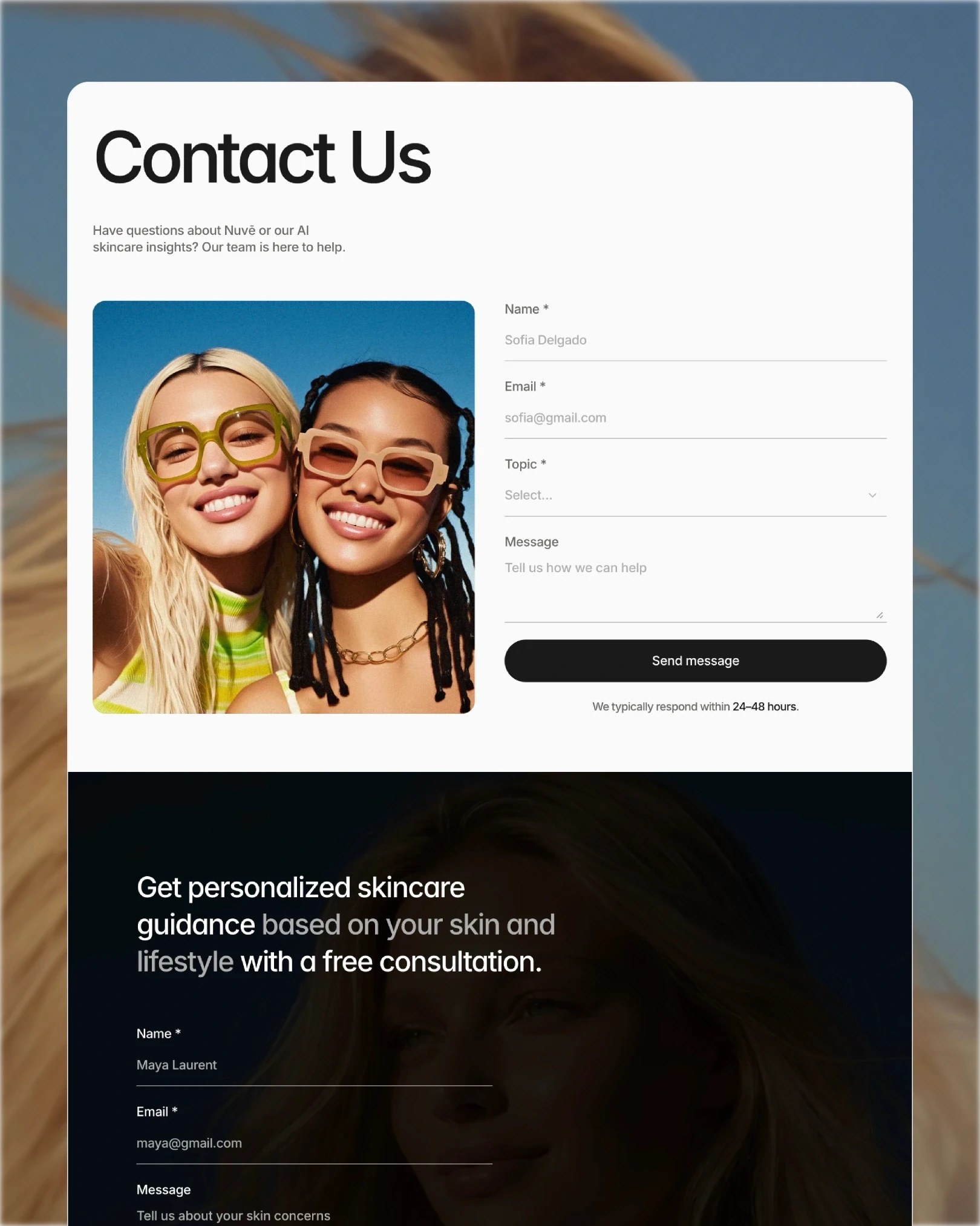 Nuvē contact section with skincare consultation form, bright and dark variants — web design by Luna UI design studio