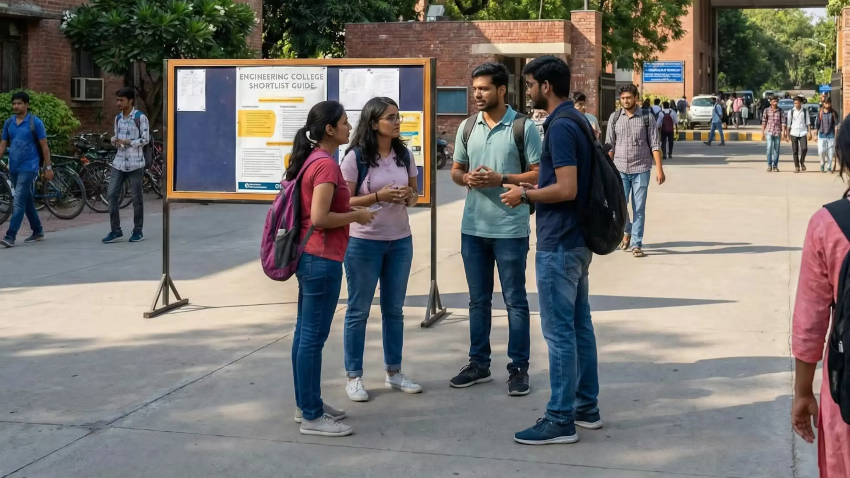 Student discussing in college campus, weighing a JEE drop vs private college decision.