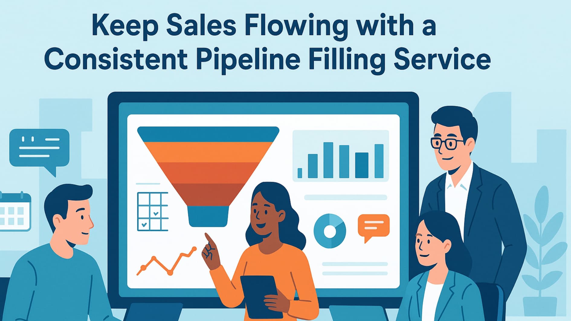 Sales team using consistent pipeline filling service dashboard to maintain steady sales flow.