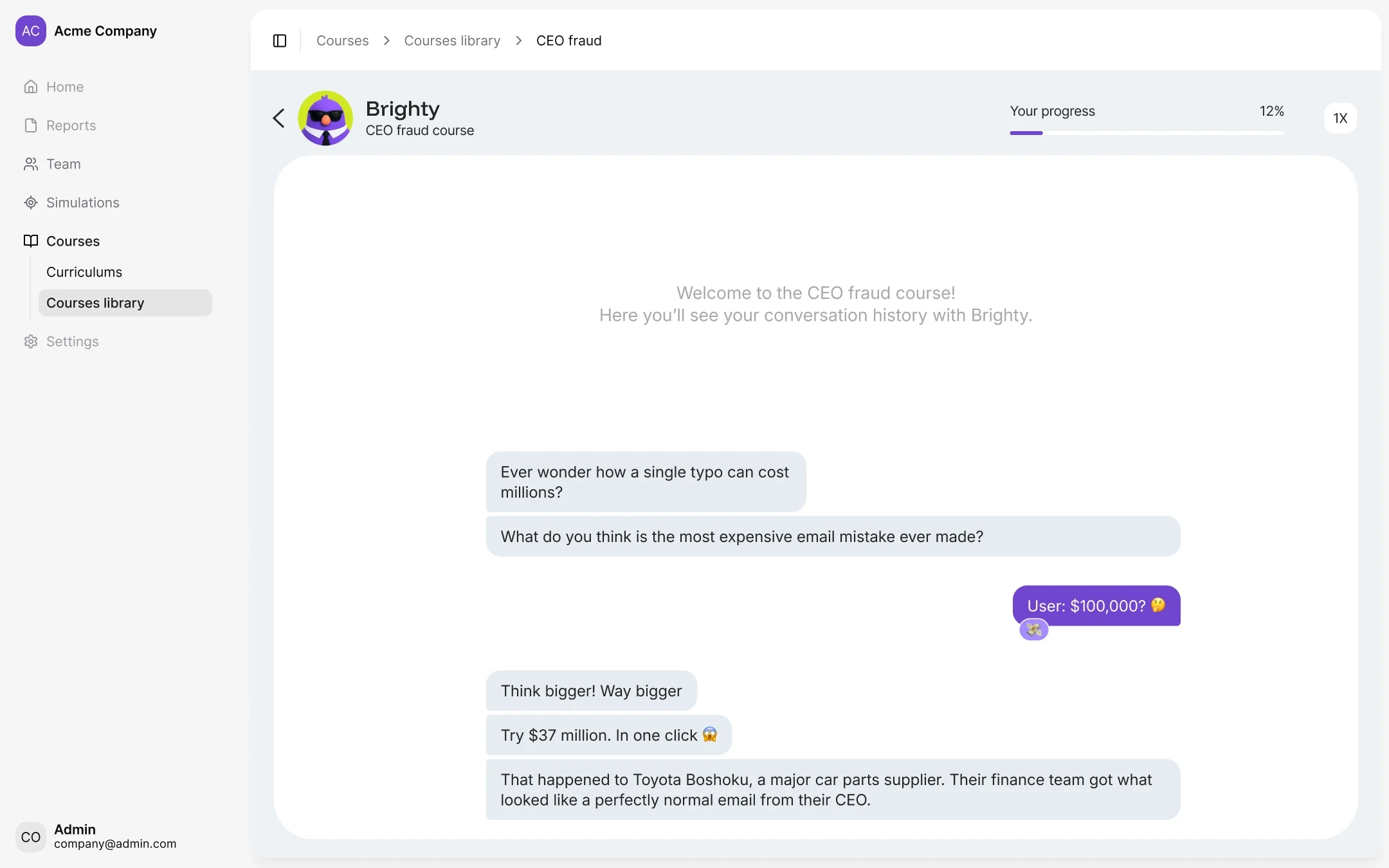 Brightside AI dashboard displaying medium vulnerability score of 47 with phishing simulation metrics