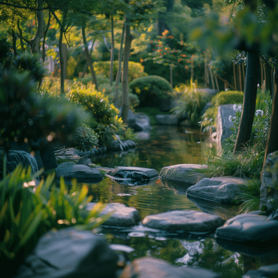 Peaceful Japanese garden stream with smooth stepping stones and surrounded by diverse, carefully arranged greenery and blooming flowers, reflecting a serene natural oasis.