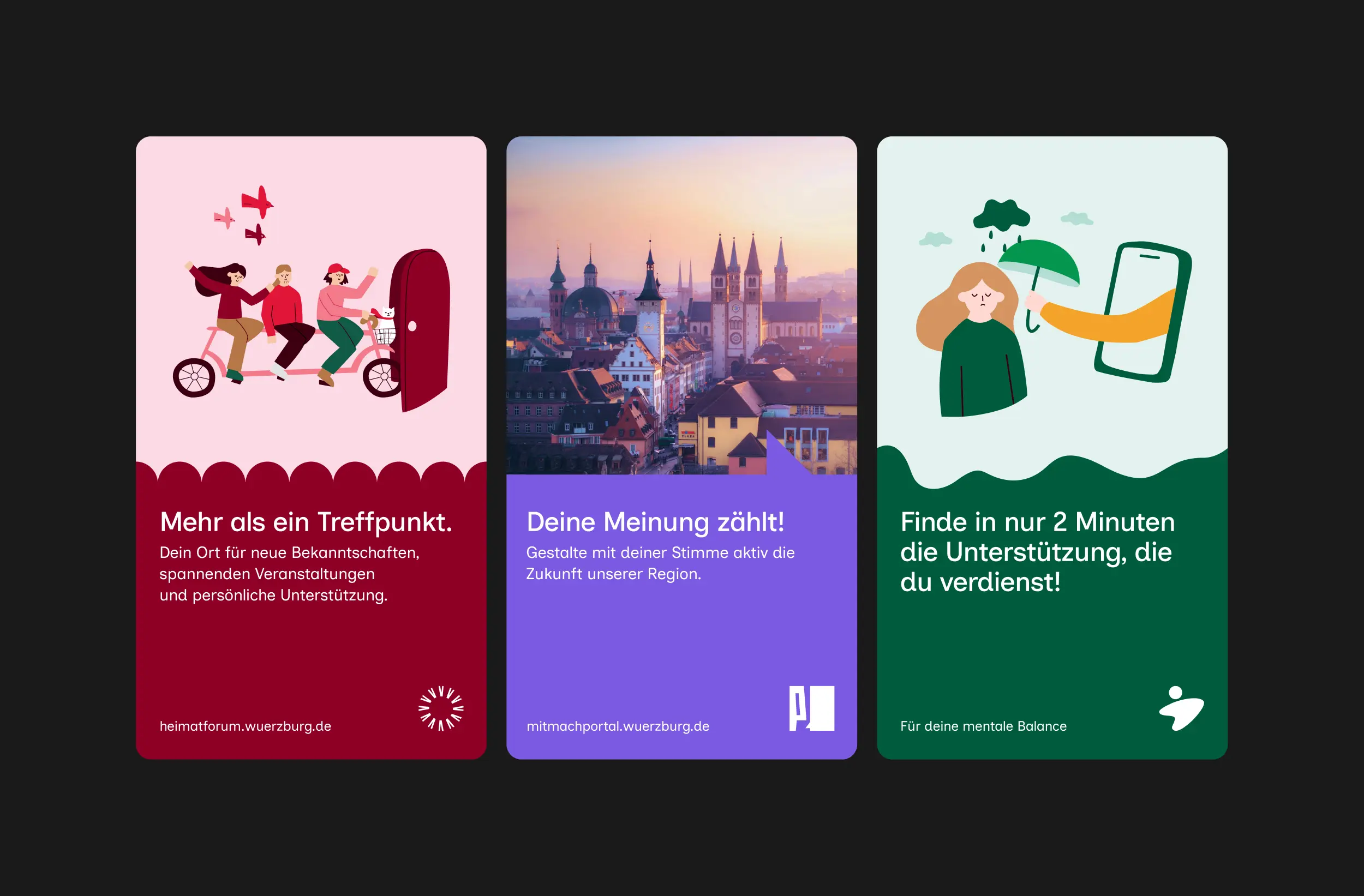 Drei Social-Media-Kacheln zu Heimatforum, Mitmachportal und Hilfekompass mit Illustrationen und Claims.