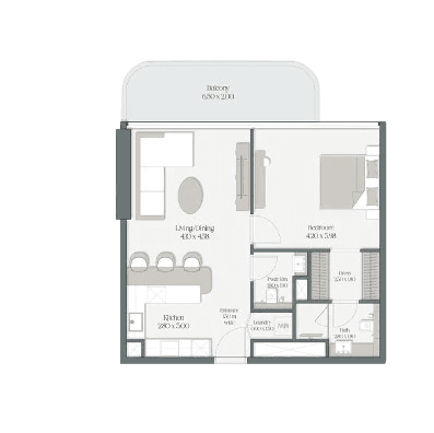 One-bedroom apartment floor plan for The Caden by Prescott, showcasing layout and room dimensions.