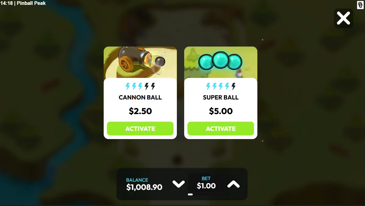 Pinball Peak — menu officiel des options Cannon Ball et Super Ball