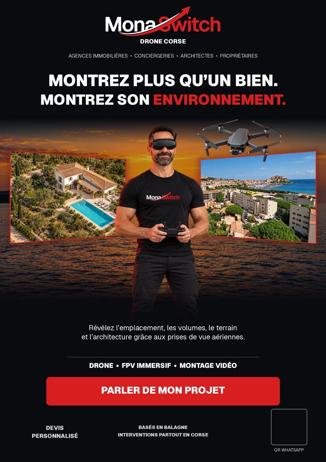 Flyer illustré Drone Corse — Immobilier : « Montrez plus qu’un bien »