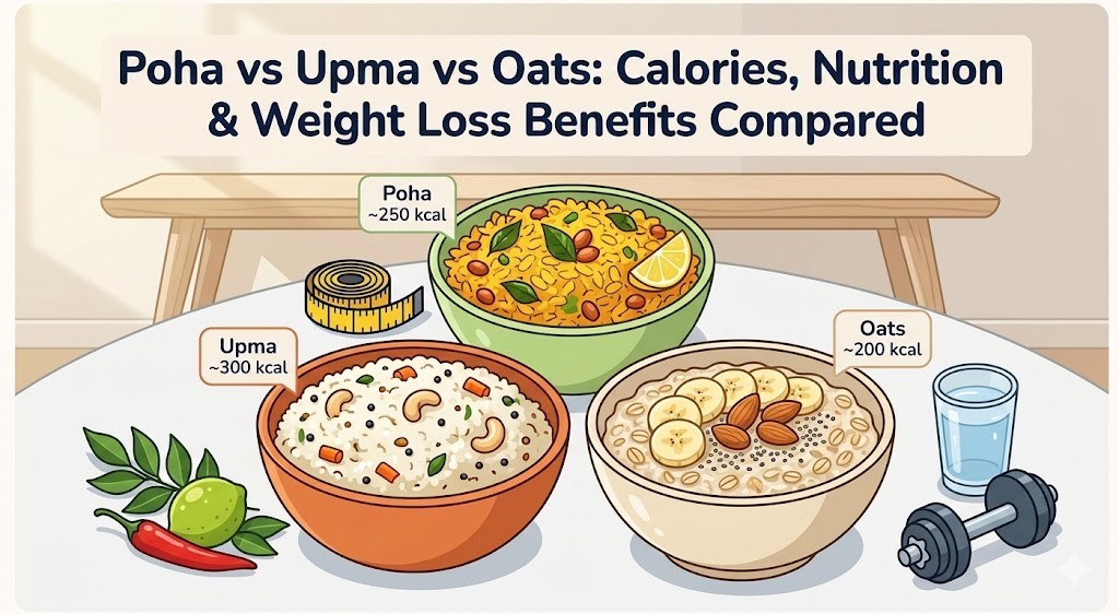 A hero image in a clean, modern cartoon style displaying three bowls of popular Indian breakfast dishes arranged on a table. The bowls contain Poha, Upma, and Oats, with small label bubbles showing their approximate calorie counts (Poha ~250 kcal, Upma ~300 kcal, Oats ~200 kcal). The scene is set with soft morning light, and subtle health elements like a measuring tape and fresh vegetables are included. The top of the image features bold title text that reads, "Poha vs Upma vs Oats: Calories, Nutrition & Weight Loss Benefits Compared."
