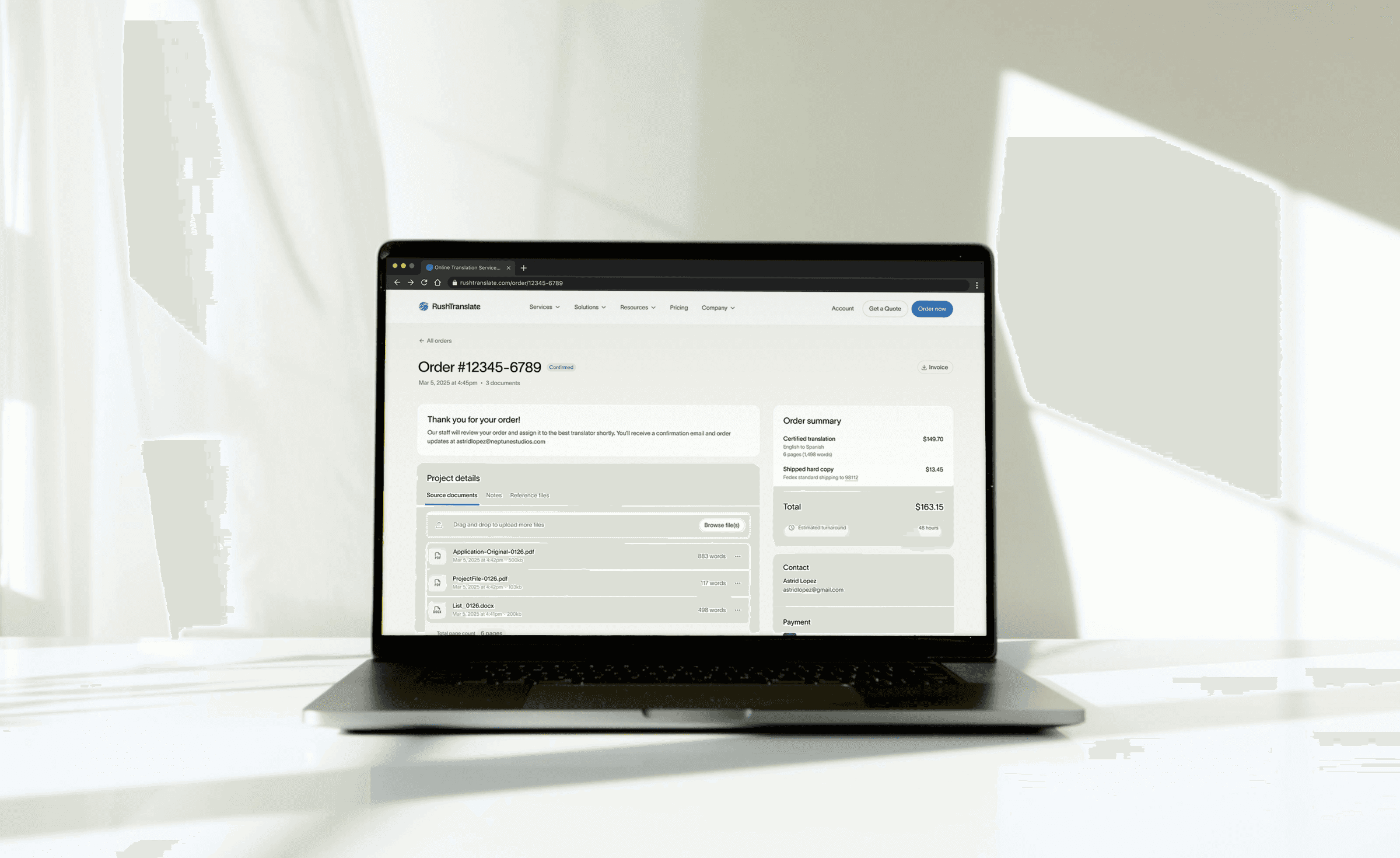The order confirmation page shows documents, payment details, and clear status updates. The layout packs a lot of information and additional options in a structure that is easy to scan, and adapts depending on the order content and status.