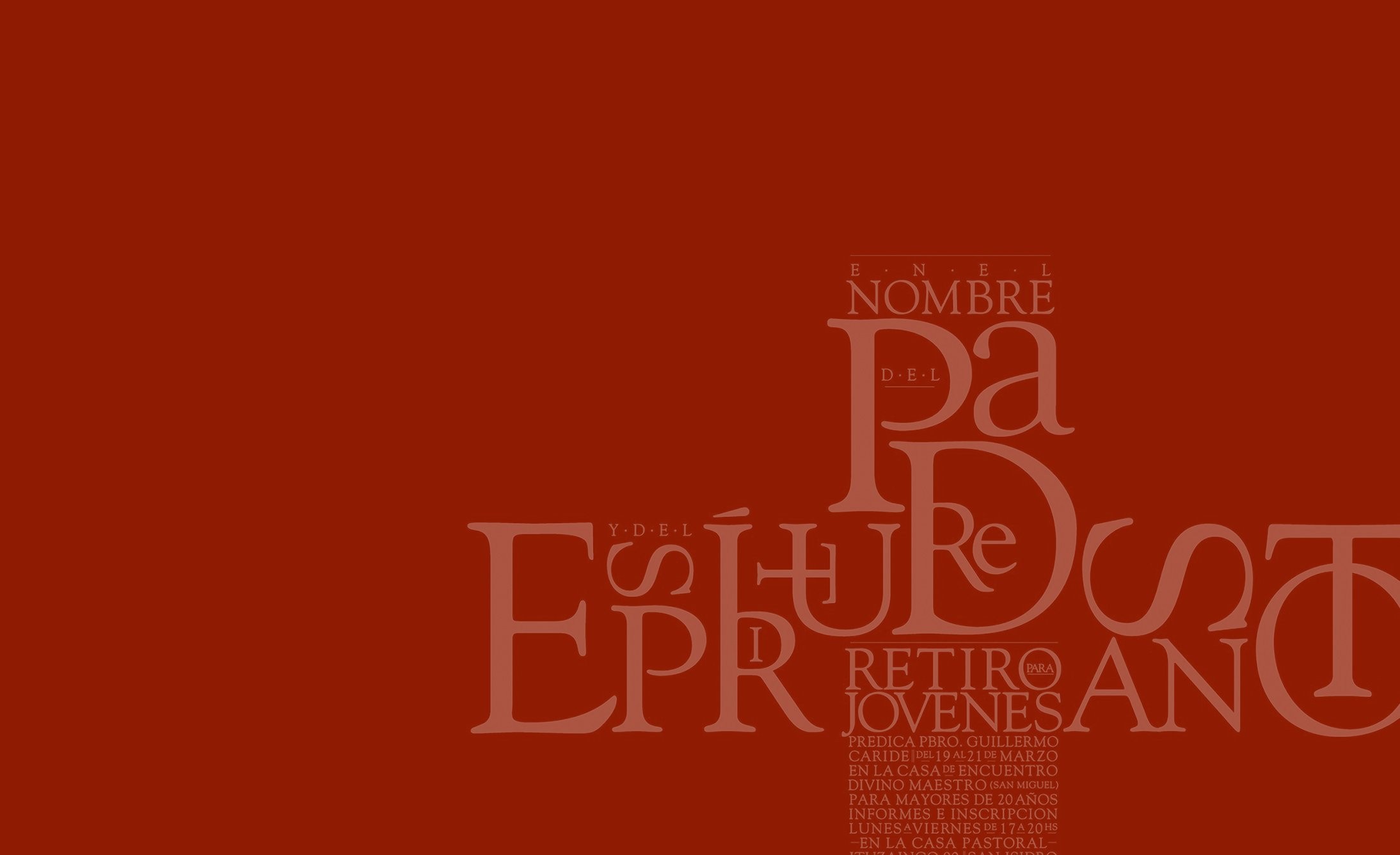 A dark red background with artistic, overlapping words in lighter red, forming a cross shape. Prominent words include "Padre," "Nombre," and "Jóvenes." Emotive and artistic tone.