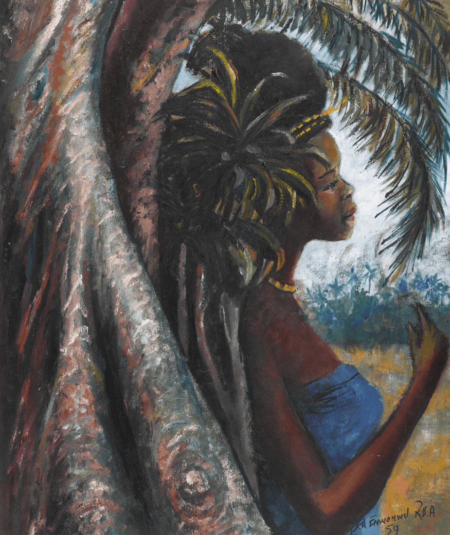 Ben Enwonwu Nigerian (1917-1994) Nigerian Beauty  signed and dated 1959 (lower right) oil on canvas 61.1 by 50.2cm., 24 by 19¾in.