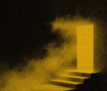 A glowing doorway with stairs emerging from golden mist in darkness — an invitation to enter