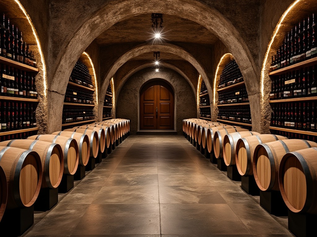 Rows of wooden barrels in a wine cellar, storage area for quality wines.