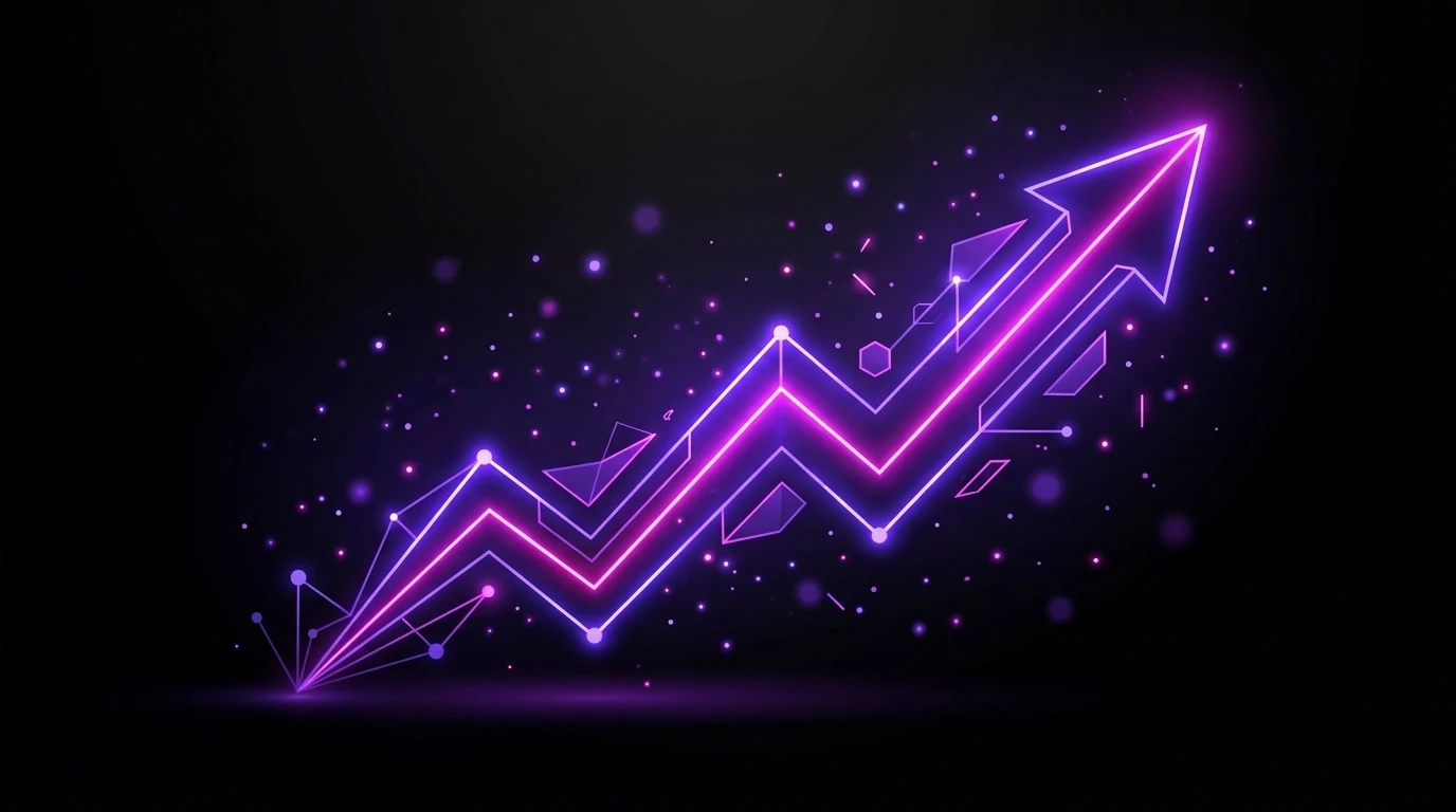 A minimalist digital graph showing an upward trajectory, rendered in vibrant magenta and violet neon lines against a deep black background. Small luminous particles float around the peak, symbolizing scaled growth and transactional success.