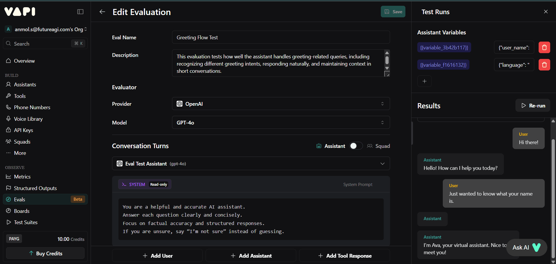 Vapi evaluation editor showing conversation turns and test assistant setup for voice AI agent testing and validation workflows