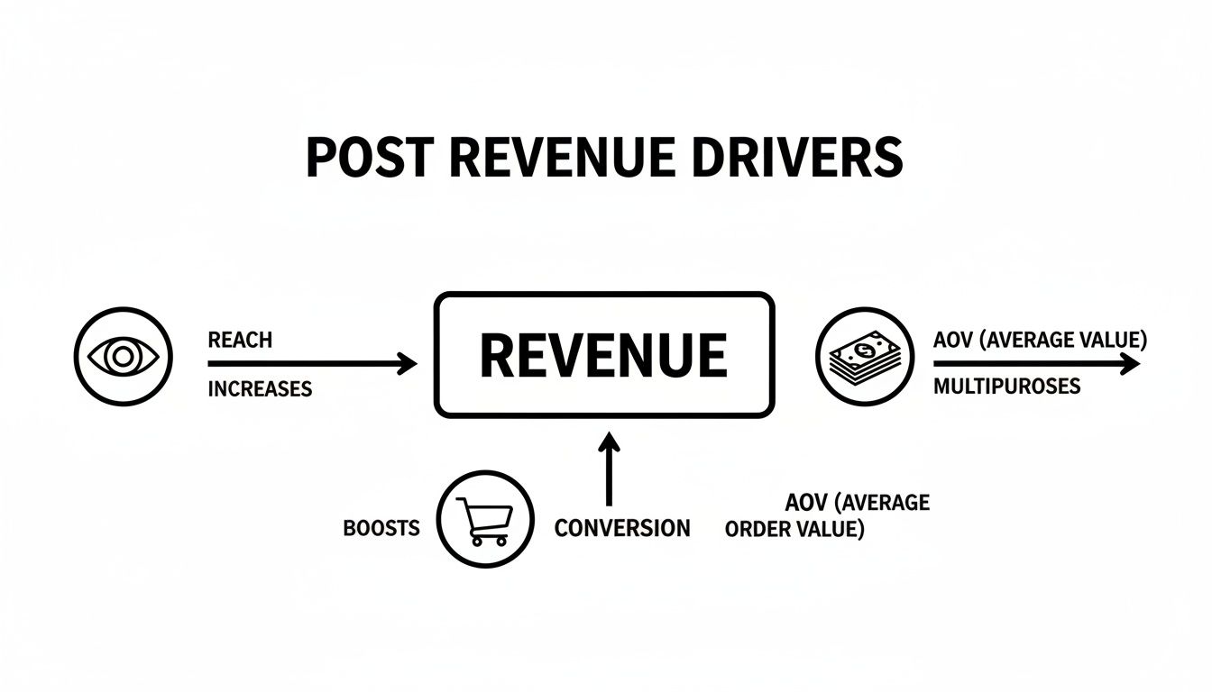 A diagram illustrating post-revenue drivers, showing how reach, conversion, and average order value influence revenue.