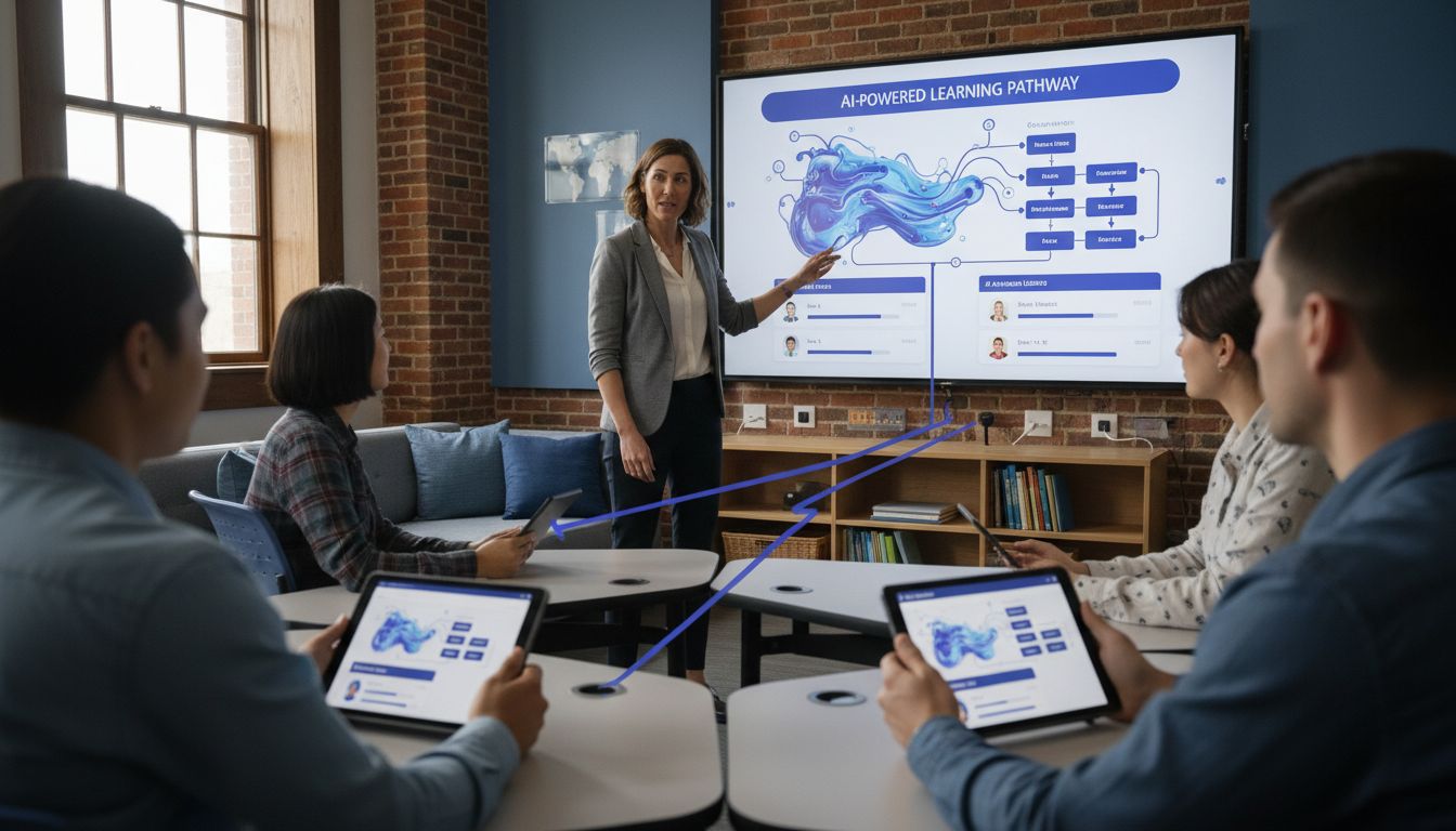 A woman teaches a group using a big screen while they look at tablets.