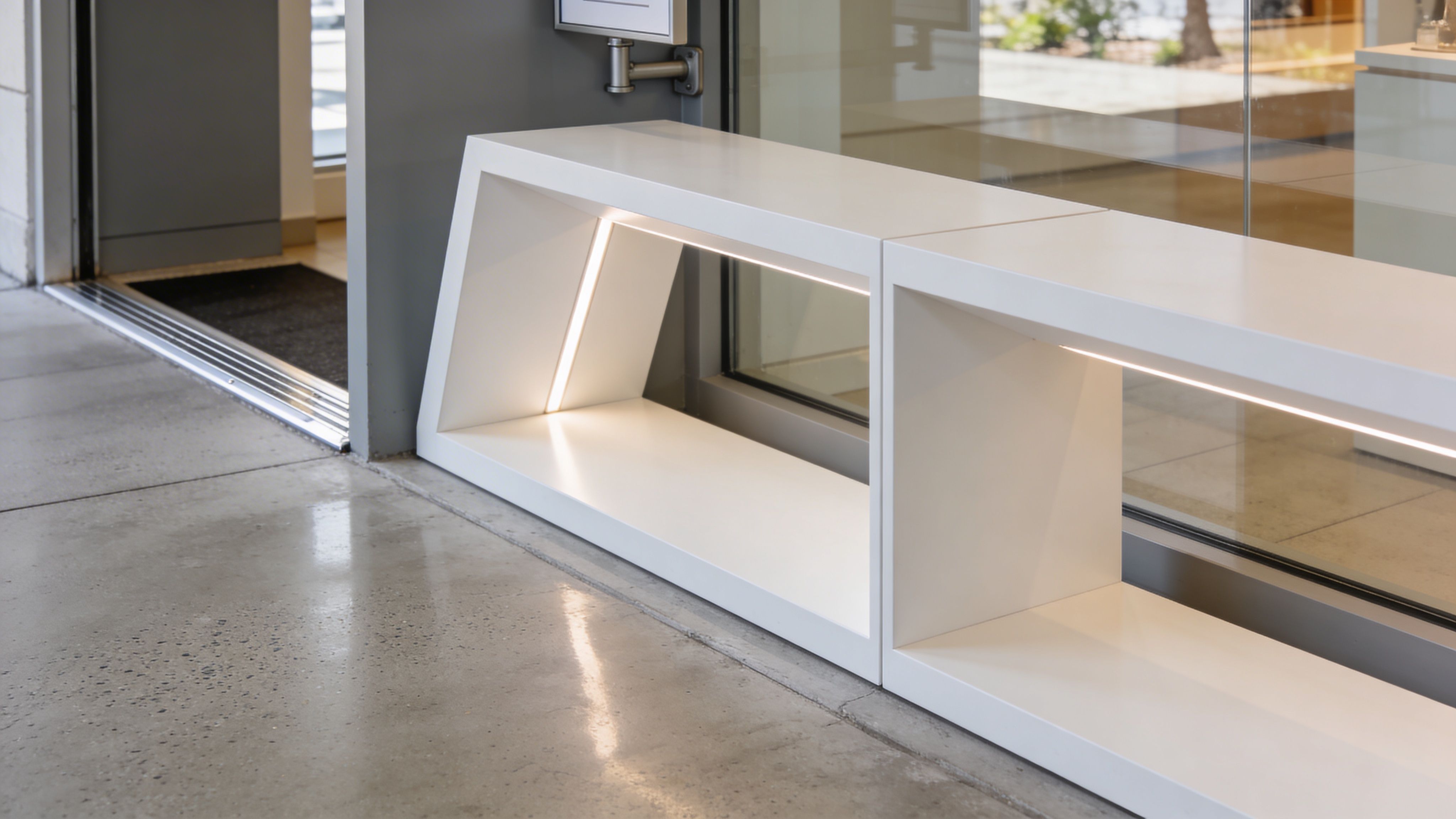Contemporary retail display bench with built-in lighting near storefront glass window