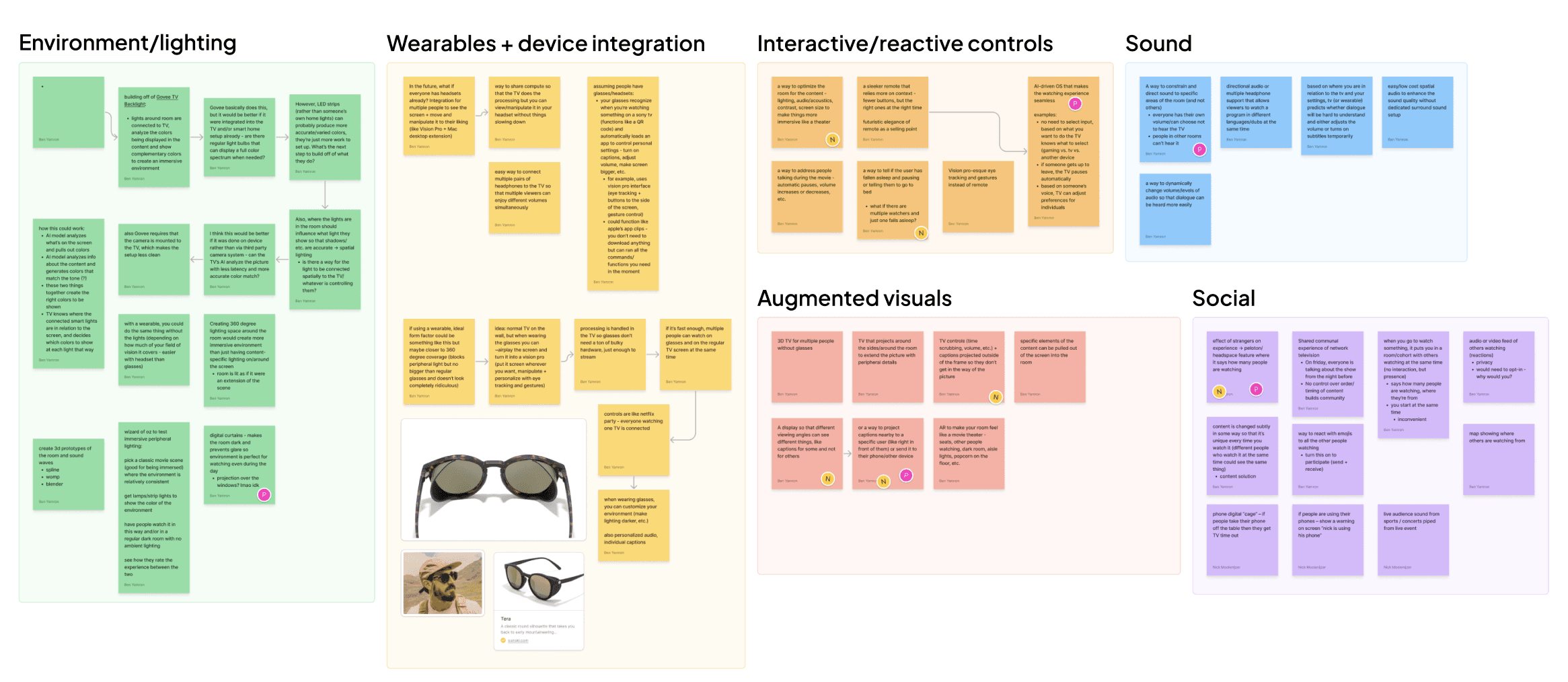 Collections of virtual sticky notes with ideas about new TV features.