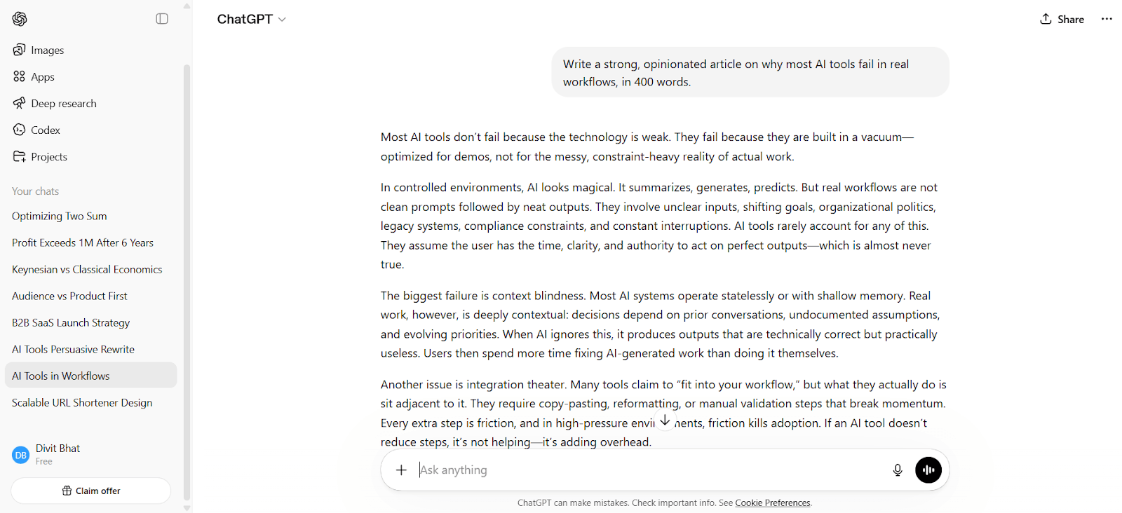 ChatGPT Output for Writing something that actually reads well
