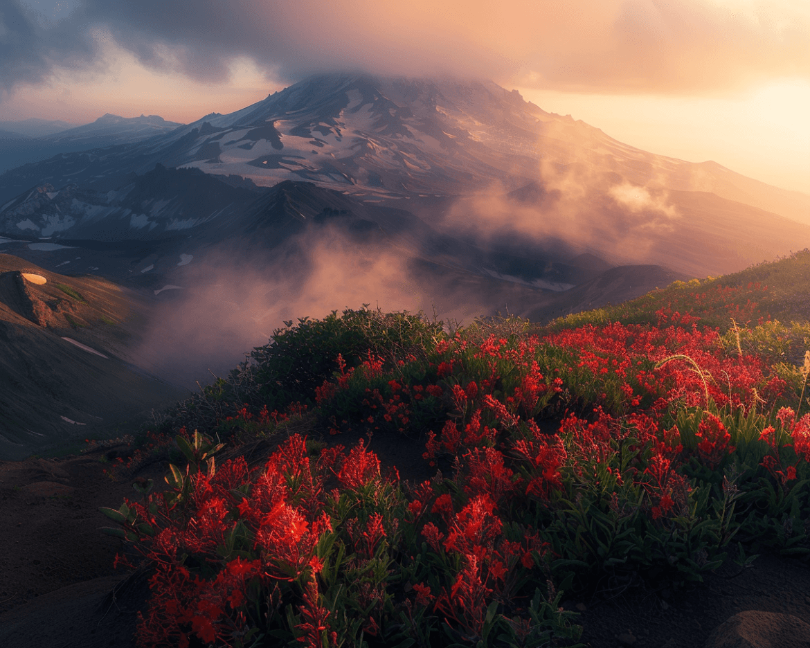 A breathtaking mountain landscape at sunrise, with vibrant red wildflowers in the foreground and mist rising around the rugged, snow-dotted peaks, creating a serene and majestic scene