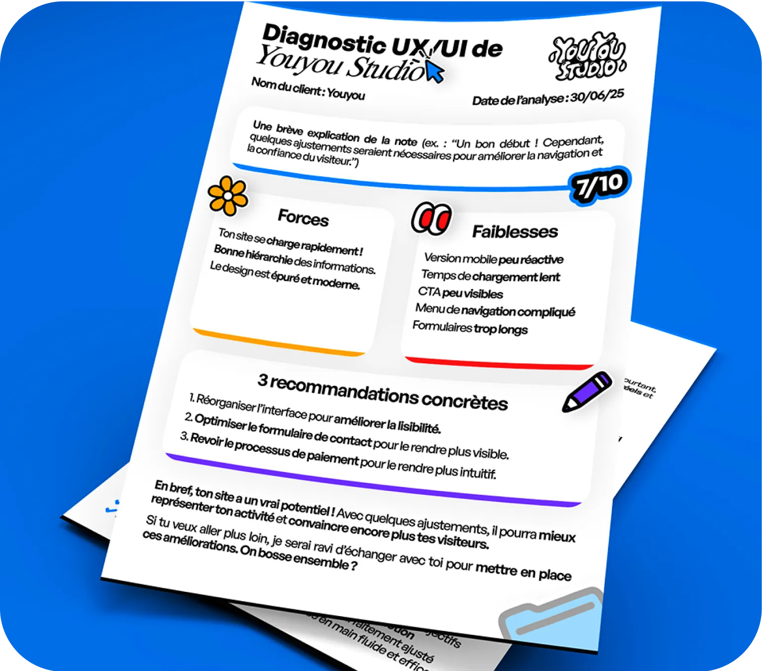 Exemple de livrable Youyou Studio - diagnostic UX/UI détaillé avec notation et plan d'action