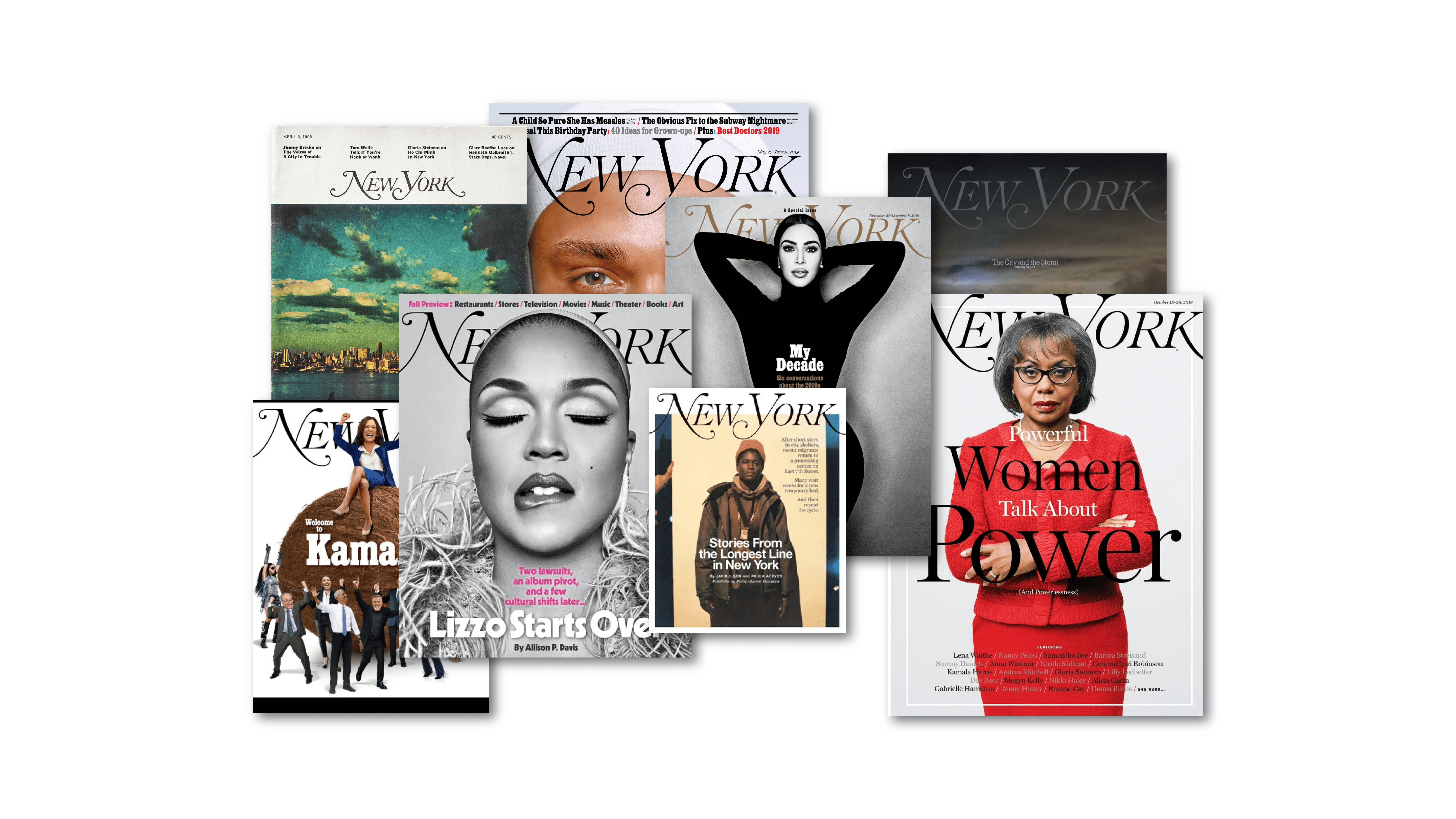 Collage of New York Magazine covers featuring the publication’s custom calligraphic masthead across different editorial designs.