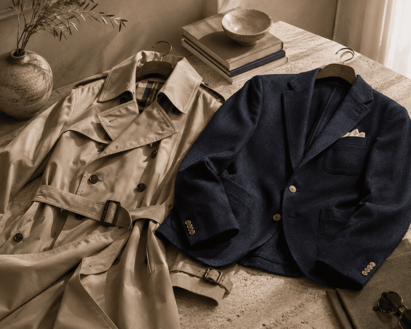 A flatlay arrangement of refined men's outerwear laid across a textured stone surface. On the left is a classic double-breasted beige trench coat featuring a belted waist, dark buttons, and a checked lining visible at the collar. On the right is a dark navy textured blazer on a wooden hanger with a pocket square. The background includes a ceramic vase with olive foliage, stacked hardcover books, a small stone bowl, and sunglasses under natural sunlight.