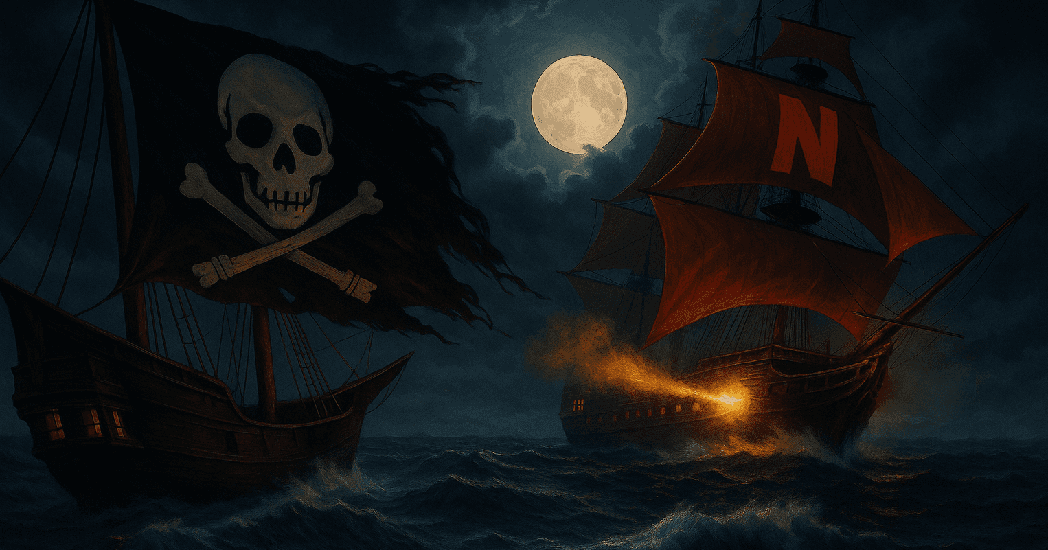 Dramatic digital painting of a pirate ship with a skull-and-crossbones flag pursued by a Netflix-branded galleon firing cannons under a moonlit stormy sea, symbolizing piracy versus streaming access.