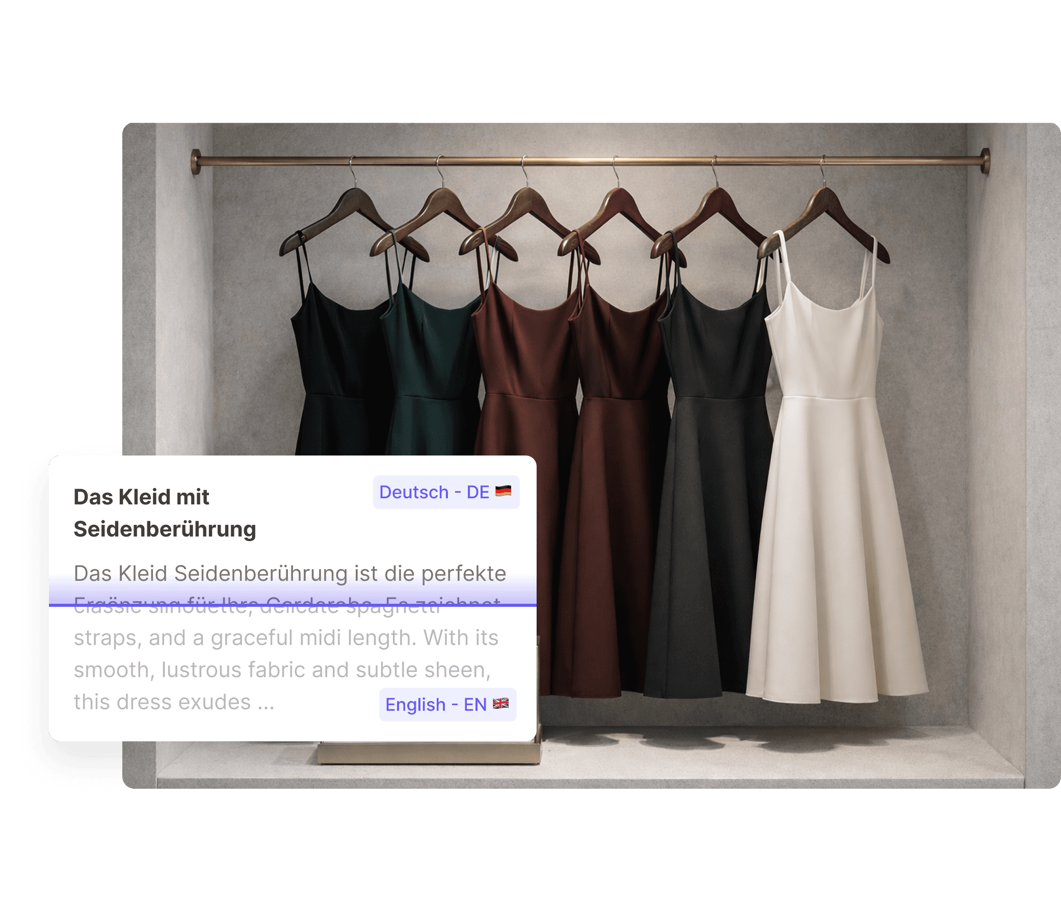 A row of elegant dresses in varying colors, including black, red, and white, is neatly displayed on a wooden rack above a shelf lined with pairs of high-heeled shoes; a pop-up window shows text with different writing rules for a language tool.