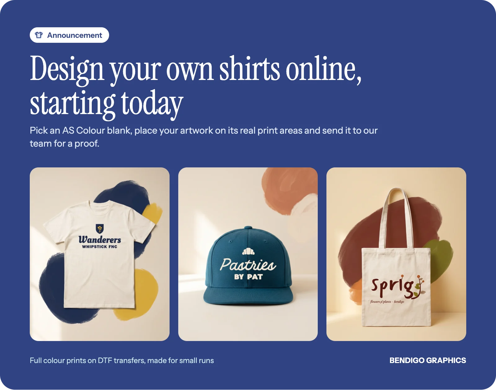 Announcement graphic for the Bendigo Graphics apparel designer showing a printed classic tee, a stock cap and a parcel tote.