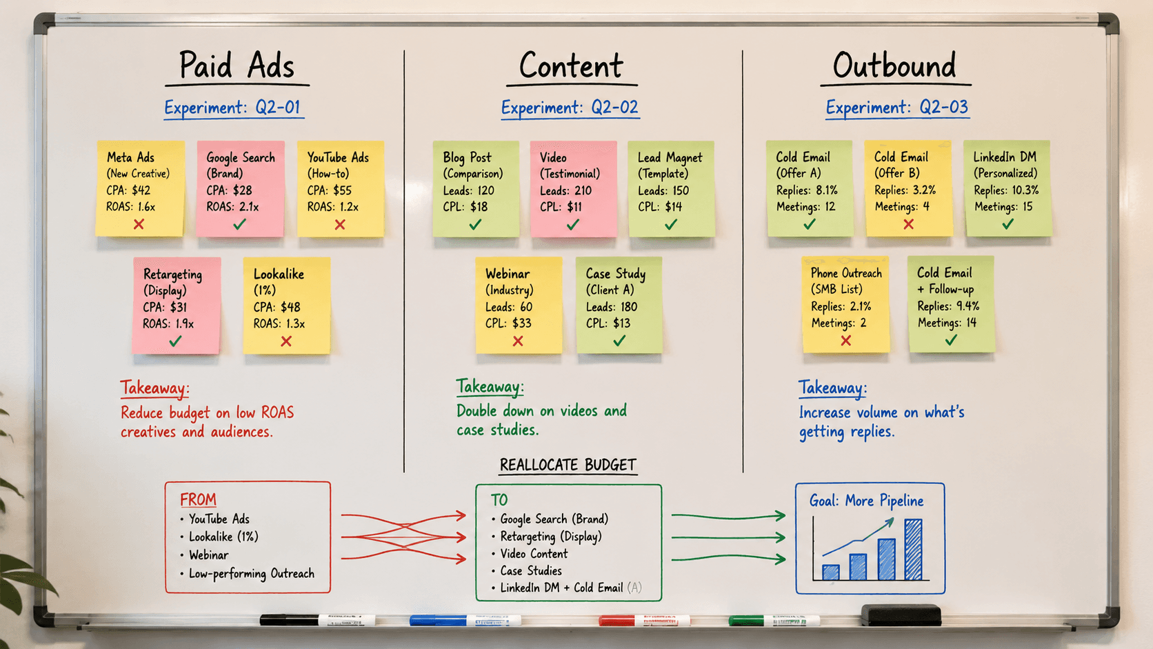 A whiteboard with three columns labeled