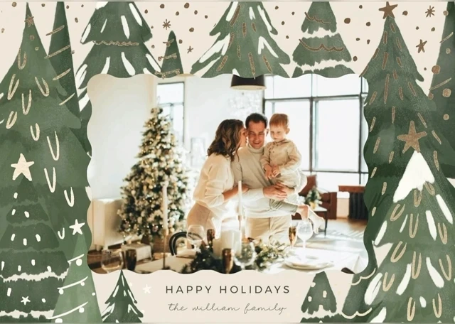 'Happy Holidays' card template with a Christmas tree border and a family room photo