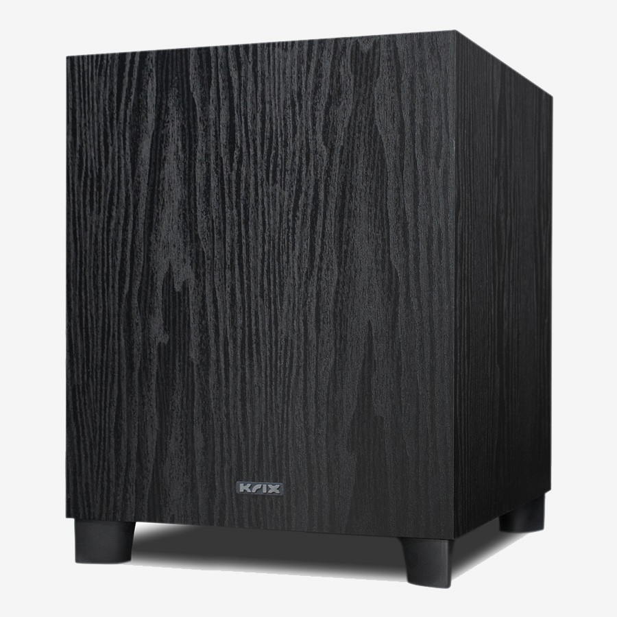 Black wood-grain subwoofer with "KFX" logo