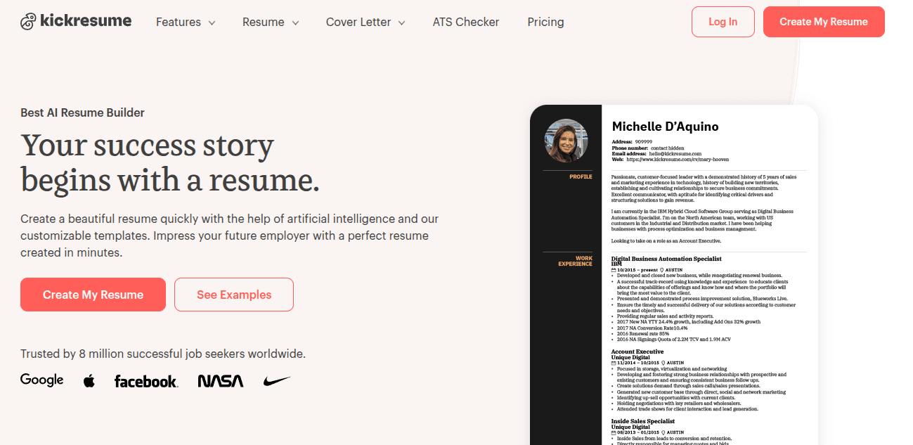 Kickresume AI resume builder trusted by 8 million job seekers worldwide with customizable templates