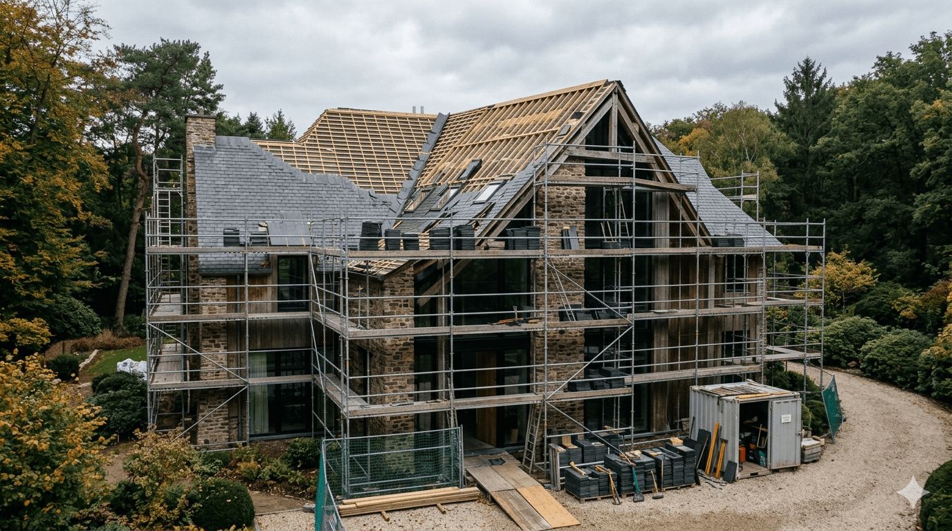 Rénovation de toiture sur maison de standing à Lasne avec chantier maîtrisé et structure visible