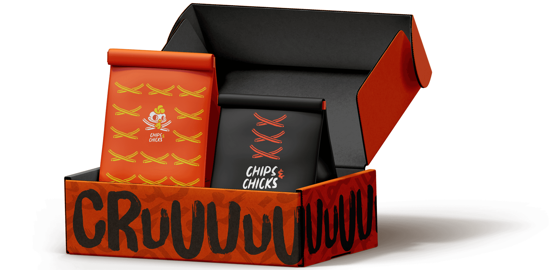 Chips & Chicks delivery box packaging — open orange mailer box with 'CRUUUUNCH' typography containing branded orange and black meal bags with mascot logo and crossed fries pattern — F&B packaging system design by Makers' Studio