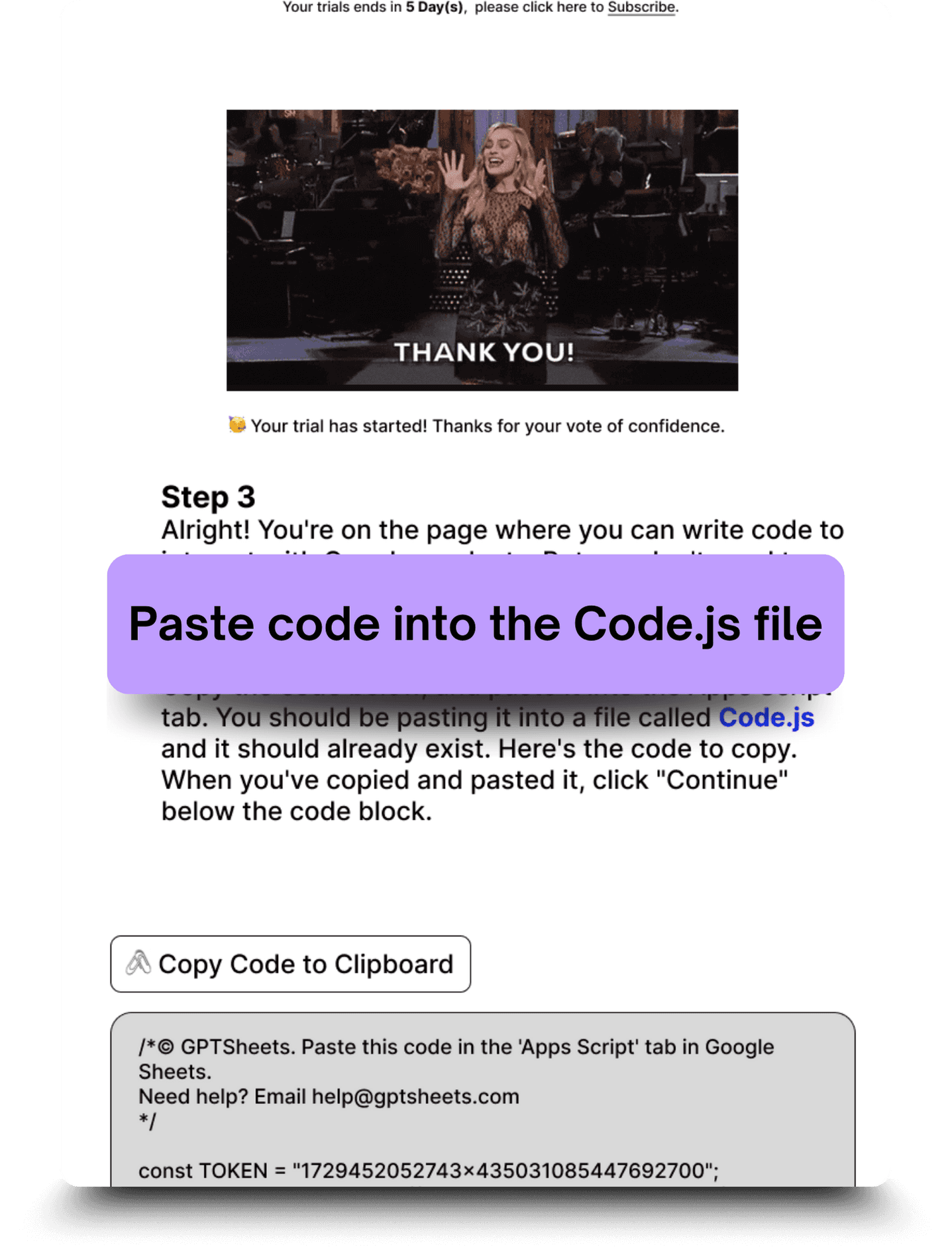 Original instruction screen showing a video thumbnail and unclear step about pasting code into the Code.js file.