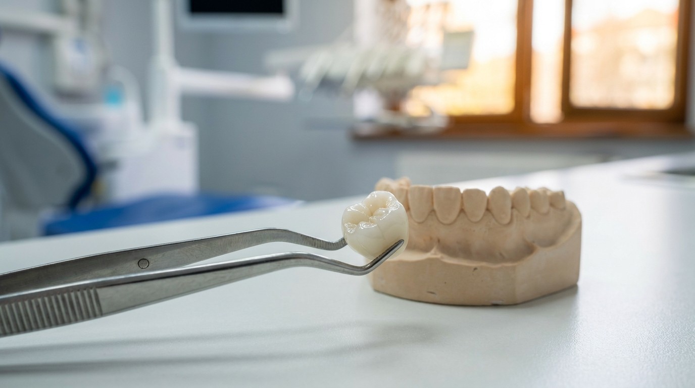 A zirconia dental crown compared with a tooth model in a modern dental office
