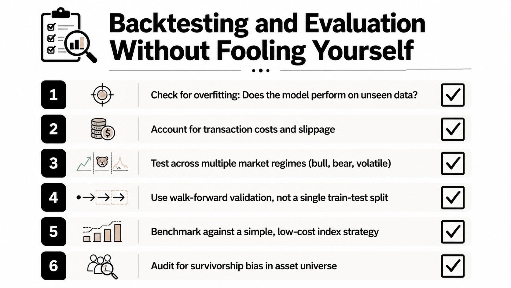A checklist infographic illustrating six essential steps for rigorous financial backtesting and evaluation to avoid overfitting.