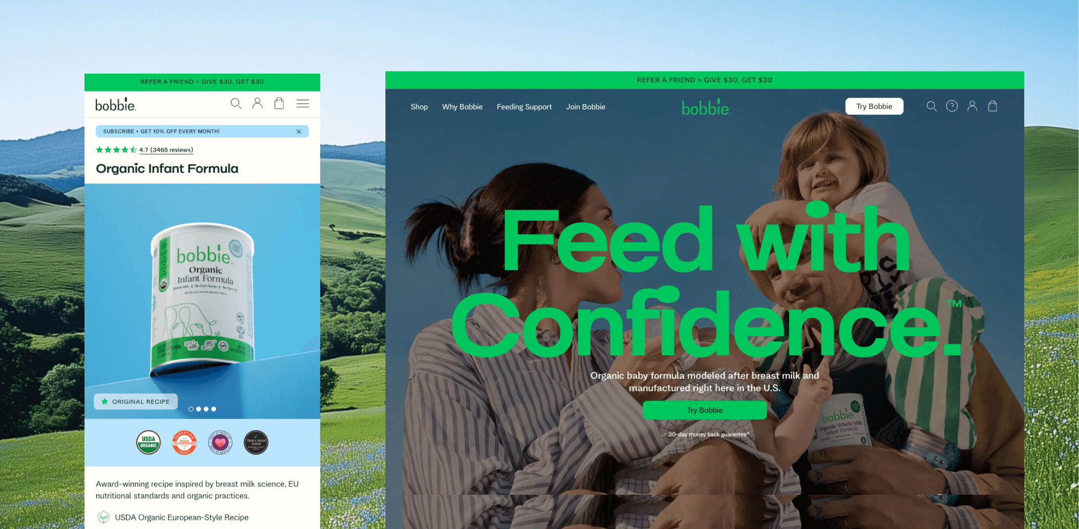 Bobbie Shopify homepage promoting subscription-first formula delivery