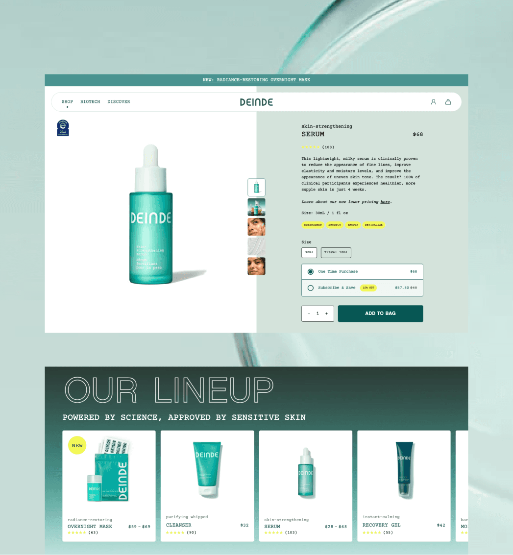 Deinde Shopify product page optimized for bundle and subscription purchasing