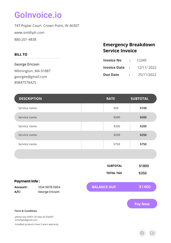 Emergency Breakdown Service Invoice