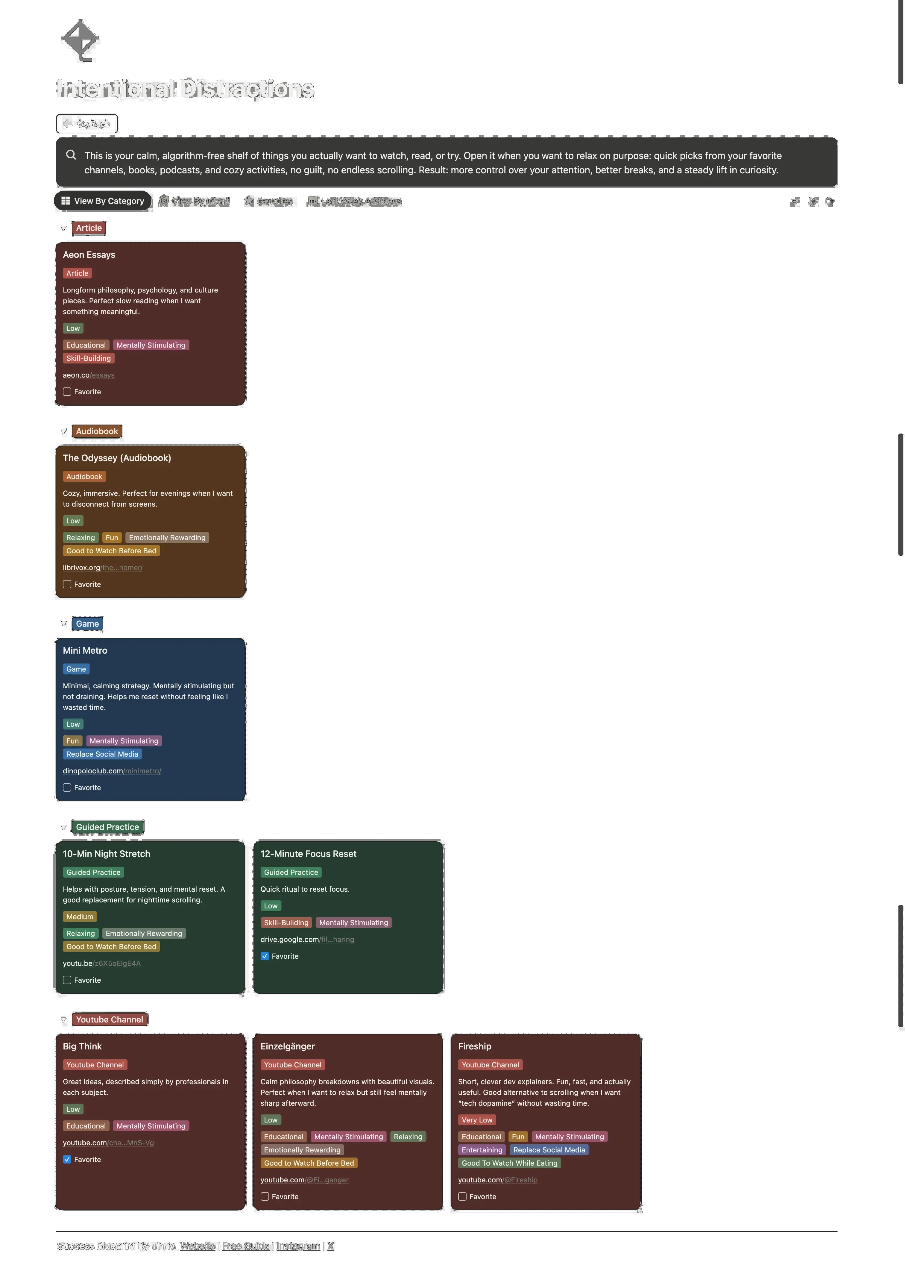 Thriv Notion intentional distractions page to schedule guilt-free breaks and recharge time