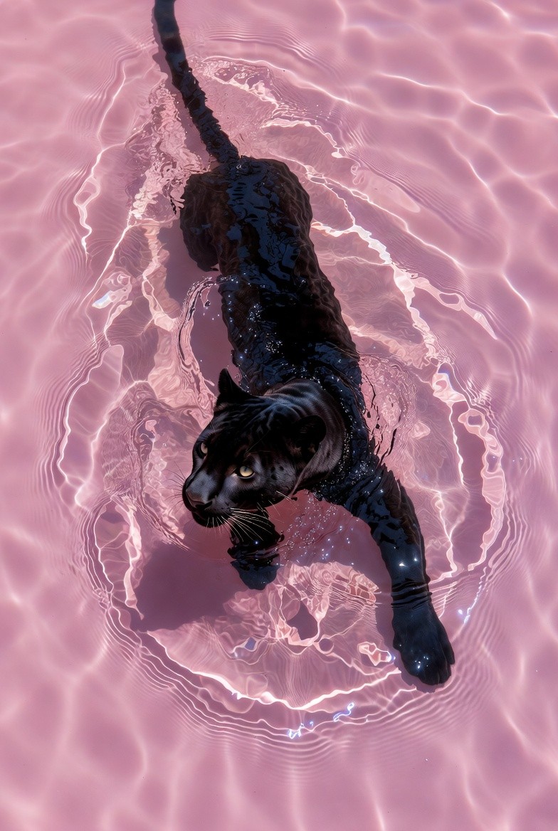 black panther in water with pink background