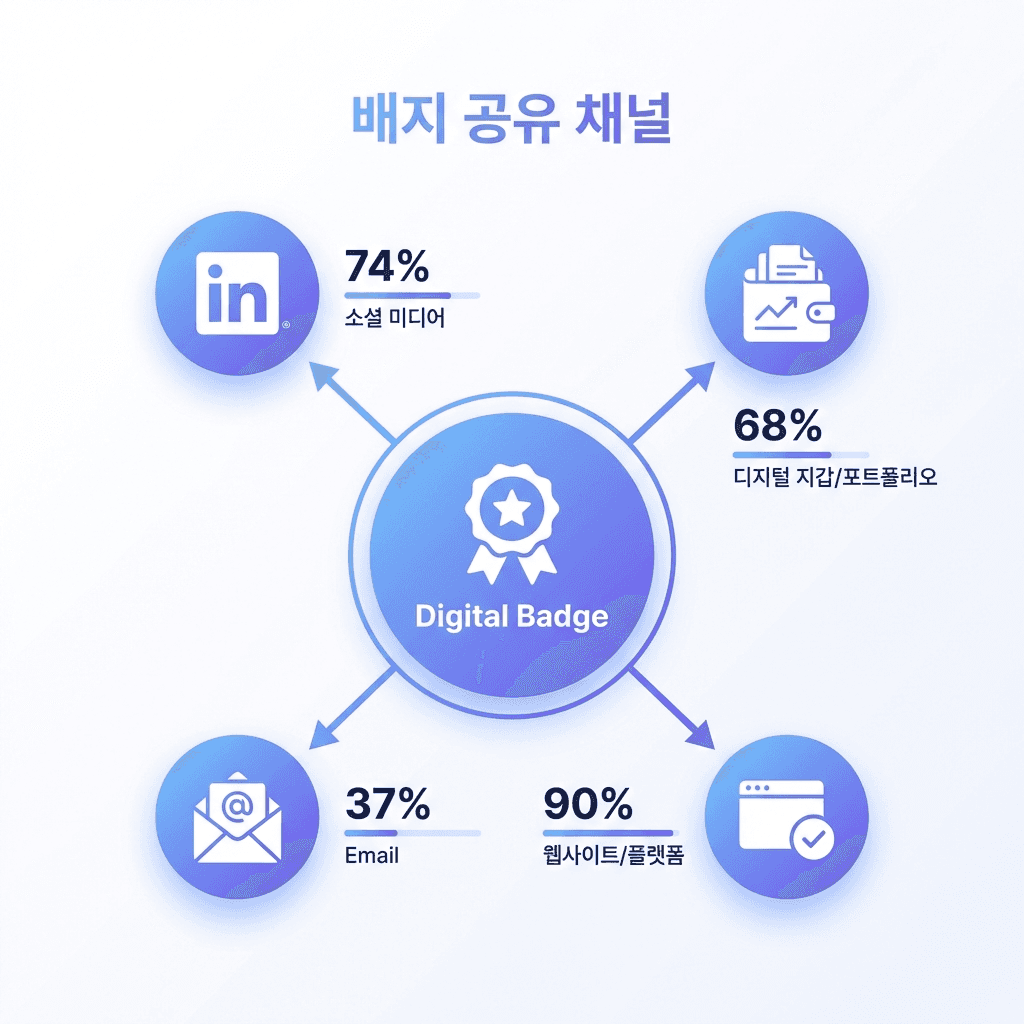 공유 1위는 소셜(74%)입니다. 디지털배지는 유통되며 힘이 붙습니다.